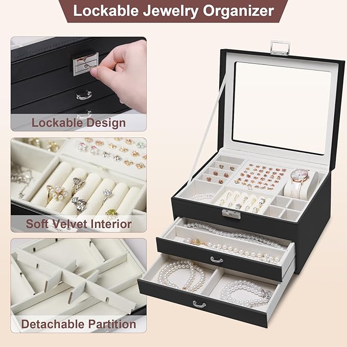 Yoobao Jewelry Boxes for Women with Transparent Lid and Lock, 3 Layers Jewelry Organizers and Storage for Necklaces Earrings Bracelets Rings Watches, Ideal Present for Anniversary Graduation New Year