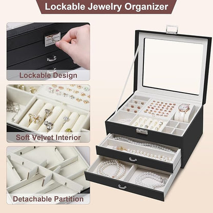 Yoobao Jewelry Boxes for Women with Transparent Lid and Lock, 3 Layers Jewelry Organizers and Storage for Necklaces Earrings Bracelets Rings Watches, Ideal Present for Anniversary Graduation New Year