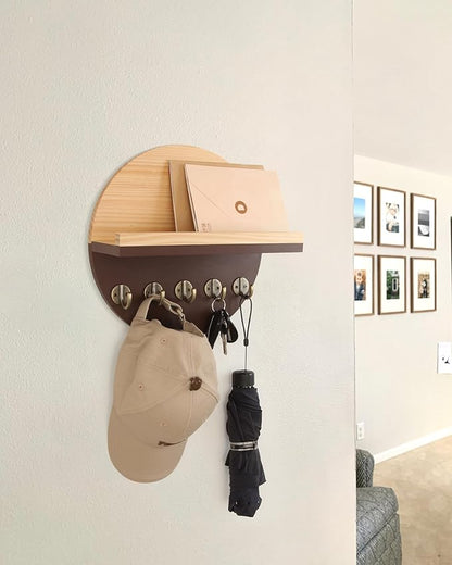 Key Holder for Wall with Shelf - Wood Mail Organizer and Rack with Shelf Hooks Wall Mounted for Entryway Decor Magazines Letter Storage Farmhouse Living Room Bedroom Doorway Brown
