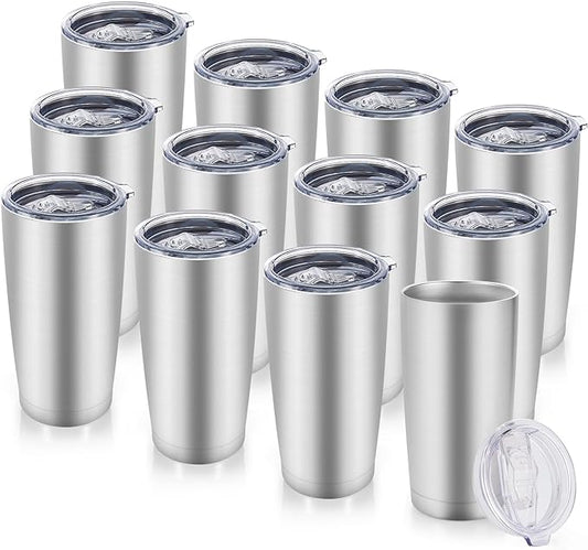 20 oz Tumblers Bulk Stainless Steel Tumbler with Lid Double Wall Vacuum Insulated Coffee Mug 20oz Powder Coated Cup for Hot and Cold Drinks, Stainless, 12 pack