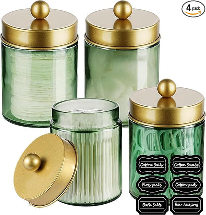 Amolliar 4 Pack Apothecary Jars Bathroom Vanity Storage Organizer Set -Countertop Canister with Stainless Steel Lids &Stickers Qtip Dispenser Holder for Cotton Swab (Green-golden Lid)