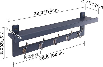 SMIBUY Coat Hooks with Shelf Wall-Mounted, 29.2 Inch Entryway Coat Rack for Wall, Bamboo Hanging Shelf with 5 Double Metal Hooks for Bathroom, Bedroom, Kitchen, Living Room, Mudroom (Grey)