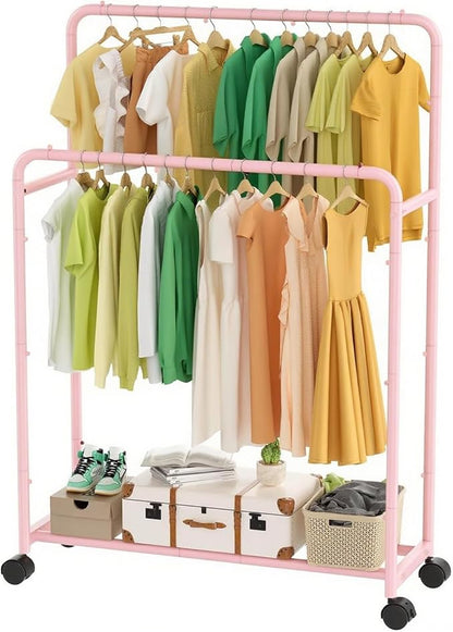 Simple Trending Clothing Clothes Rack Double Rods with Wheels, Rolling Metal Garment Rack for Hanging, Pink