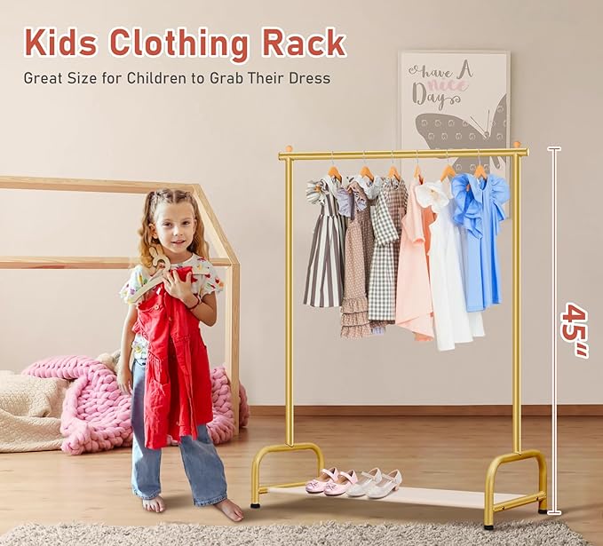 SLEEPING LAMB Baby Clothing Rack, Small Kids Clothes Rack with Bottom Storage Shelf, Child Clothes Hanger Rack for Coats, Metal Dance Costume Garment Rack for Hanging Clothes, Gold
