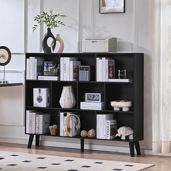 LEYAOYAO 10 Cube Bookshelf, 3 Tier Vintage 55" Wide Bookcase with Legs, Mid-Century Wood Bookshelves Storage, Black Large Book Case, Freestanding Organizer Display Shelf for Living Room, Office