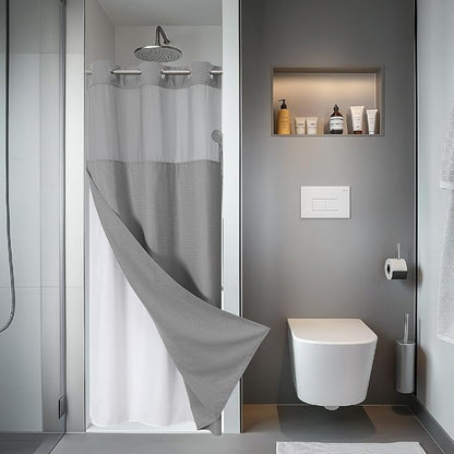 Grey No Hook Waffle Weave Shower Curtain with snap-in Liner Replacement, 230GSM Waterproof Fabric Hotel Shower Curtain Set for Bathroom, Through Mesh Top Window,36Wx74H