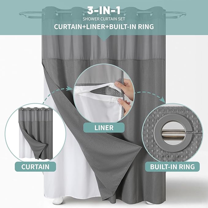 Grey No Hook Waffle Weave Shower Curtain with snap-in Liner Replacement, 230GSM Waterproof Fabric Hotel Shower Curtain Set for Bathroom, Through Mesh Top Window,36Wx74H