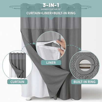 Grey No Hook Waffle Weave Shower Curtain with snap-in Liner Replacement, 230GSM Waterproof Fabric Hotel Shower Curtain Set for Bathroom, Through Mesh Top Window,36Wx74H