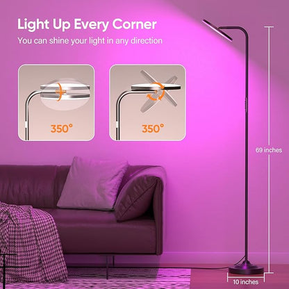 36W LED Floor Lamp, Super Bright Standing Lamp, Modern Stepless Dimmable Torchiere Tall Lamp with Remote Control, 350°Rotating Head Reading Floor Lamp for Living Room, Bedroom, Office