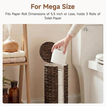 StorageWorks Free Standing Wicker Toilet Paper Holder Stand for Bathroom Storage, Decorative Water Hyacinth Toilet Paper Storage with Lid, 3 Rolls of Tissue Holder with a Built-in Cloth Lining, Brown