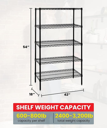 Quantum Storage Systems WR54-1842BK-5 Wire Shelving Starter Kit, 42" W x 18" D x 54" H, 600 lbs Capacity, Carbon Steel, Epoxy Coated, Black, NSF