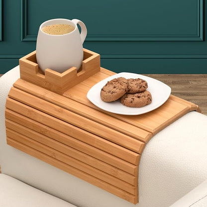 FUN FOREST Bamboo Couch Holder - Non-Slip Furniture Protector, Sofa Armrest Table for Mugs & Tumblers – Weighted 16” Large Natural Bamboo Holder for Recliners and Loveseats