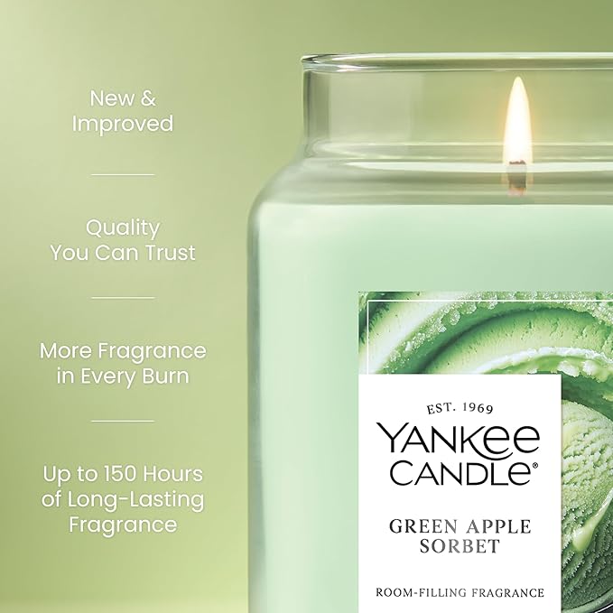 Yankee Candle Green Apple Sorbet, Scented Candle, 22oz Large Jar with up to 150 Hour Burn Time, Giftable