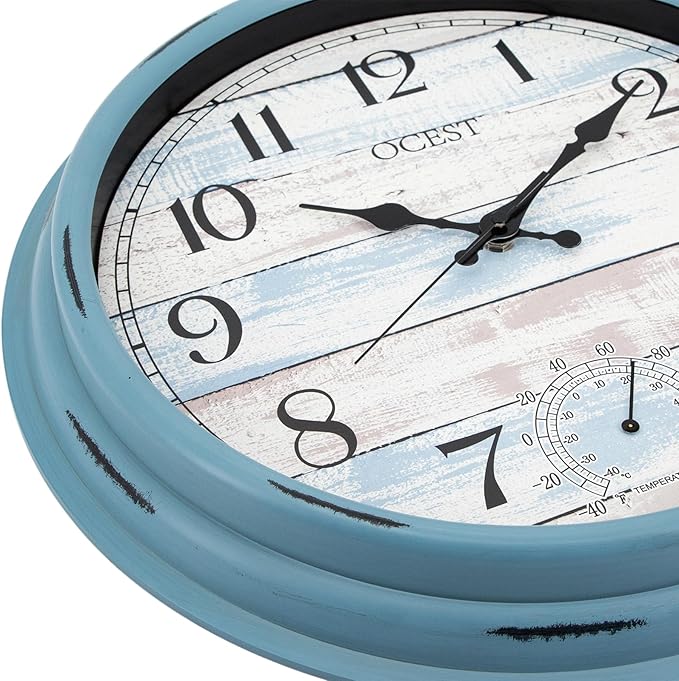 OCEST 16 Inch Indoor Outdoor Clock, Waterproof Large Wall Clock with Thermometer, Silent Non-Ticking Battery Operated Decor for Patio Pool Porch Garden Garage（Blue）
