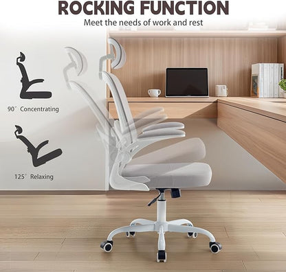 Ergonomic Office Chair with 3D Adjustable Lumbar Support, Mesh High Back, 75° Rotating Headrest, Rocking Function, 300lbs Capacity, Black/White (White)
