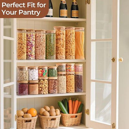 ComSaf Airtight Glass Storage Canister with Wood Lid(1.5 Qt), Set of 3 Glass Jars with Lids, Clear Food Storage Container Jar with Sealing Lids for Dry Food Cereal Oat Sugar Tea Coffee Beans, Round
