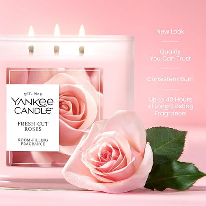 Yankee Candle Fresh Cut Roses, Scented Candle, 14.5oz 3-Wick Candle Jar with up to 40 Hours Burn Time