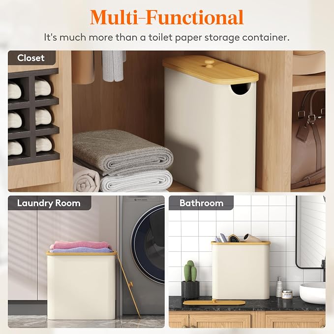 Lifewit Toilet Paper Storage Holder for 9 to 12 Rolls, Free Standing Toilet Paper Basket Stand with Bamboo Lid, Collapsible Fabric Bathroom Organizer Box for Mega Rolls, 23L, Large, White