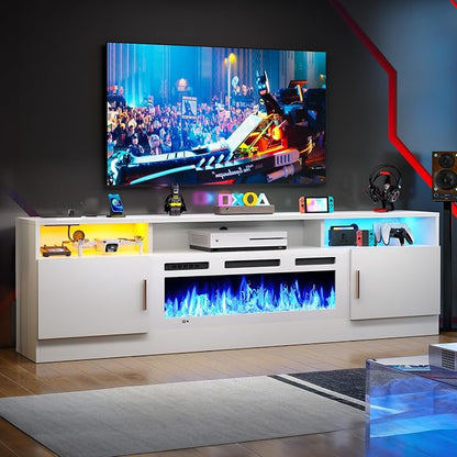 MXV 70" Fireplace TV Stand with Power Outlet for TVs UP to 80", Electric Fireplace Entertainment Center with LED Lights & Storage Cabinets, TV Console for Living Room, Office, White-White