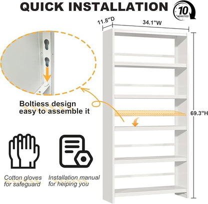 69.3" Tall Metal Bookshelf, White Bookcase with Display Shelves, 5 Tier Open Shelf Bookcases for Living Room, Bedroom, Home Office, Study, Library