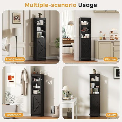 Narrow Bathroom Storage Cabinet with Door and Open Adjustable Shelves, 60.9" H Wooden Tall Tower Corner Farmhouse Cabinet, Freestanding Organizer for Kitchen, Entryway Black