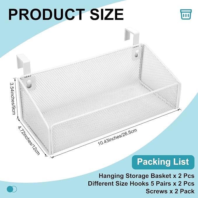 Rtteri 2 Sets Bedside Shelf Caddy Metal Hanging Storage Basket Organizer with 10 Pair 5 Different Size Hooks for Dorm Bunk Bed Bedroom for Magazine Phone Drinks(White)