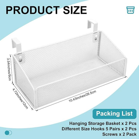 Rtteri 2 Sets Bedside Shelf Caddy Metal Hanging Storage Basket Organizer with 10 Pair 5 Different Size Hooks for Dorm Bunk Bed Bedroom for Magazine Phone Drinks(White)