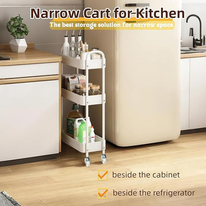 LIWNYRK 3 Tier Narrow Rolling Storage Cart for Laundry Room Bathroom Kitchen, 7.1'' Slim Utility Cart with Wheels and Lockable Casters Standing Shelf for Small Space & Between Washer and Dryer, White