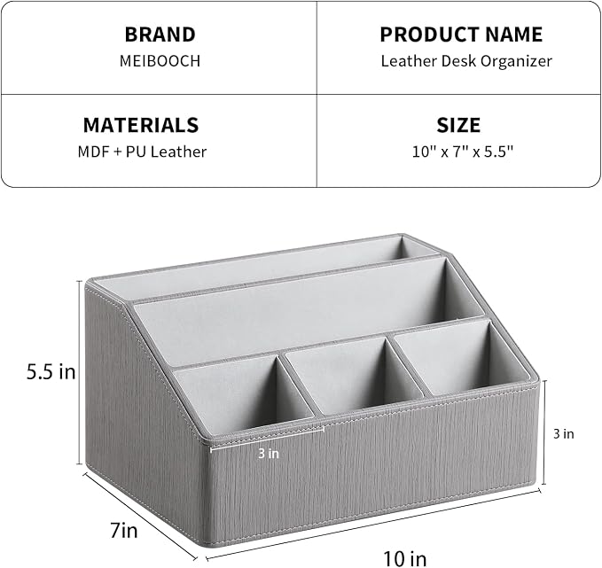 PU Leather Desk Organizer, Luxury Remote Control Holder for Home, Office Desk Accessories Table Caddy Bedside Nightstand Organizer (Grey)