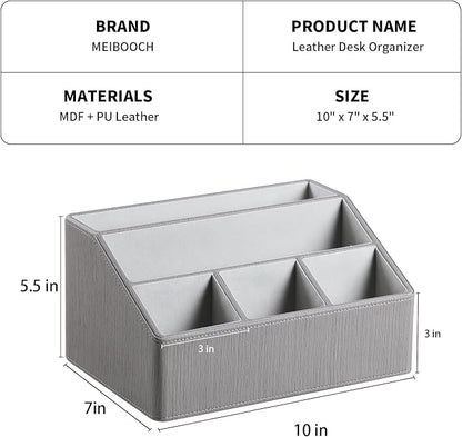 PU Leather Desk Organizer, Luxury Remote Control Holder for Home, Office Desk Accessories Table Caddy Bedside Nightstand Organizer (Grey)