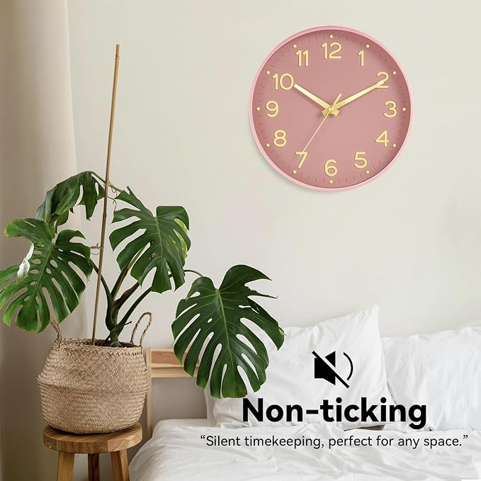 Roymnie Wall Clock 12 Inch Silent Wall Clocks Battery Operated-Modern Non Ticking Analog Clock Decorative for Kitchen Bedroom Office (Pink Gold)