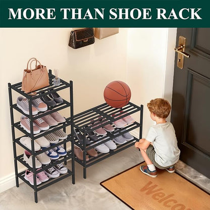 Smiry Small Bamboo Shoe Rack 3-Tier, Stackable Wooden Shoe Organizer for Entryway & Closet, Free Standing Wood Shoe Storage Shelf for Front Door & Small Spaces, Black
