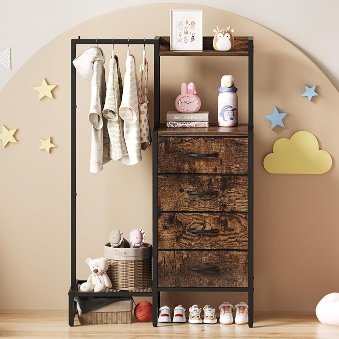 Yoobure Dresser with Hanging Rack - Small Closet with 4 Fabric Storage Drawers, 44"H Dresser with Clothes Rack, Chest of Drawer, Kids Dressers for Bedroom, Entryway, Living Room, Sturdy Frame, Rustic