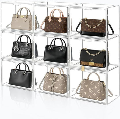 9Pack Purse Organizer for Closet Clear Acrylic Display Case Handbag Storage Organizer Box with Magnetic Door Stackable Storage Bins with Dustproof Lid for Book Toys Shoes Cosmetic Collectibles