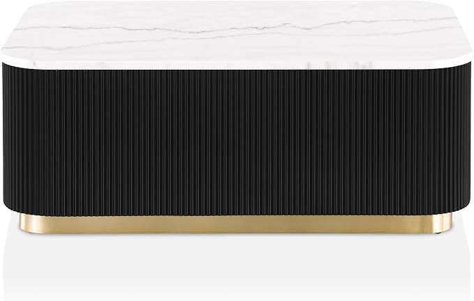 Furniture of America Beryl Modern Rectangle White Genuine Marble Top Coffee Table with Fluted Pedestal Base and Gold Stainless Steel Accent, Low Profile Table for Living Room, Home Office, Black