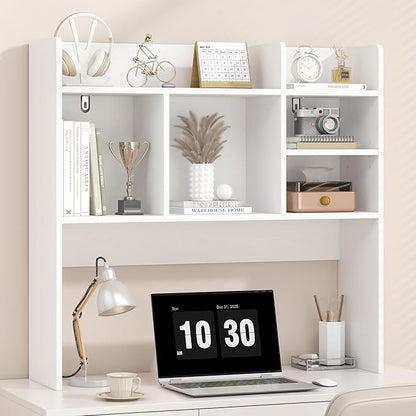 Desk Hutch with 6 Shelves, Desktop Bookshelf Organizer & Hutch Top for Desk, Over Desk Storage Shelf for Office, Home, Dorm | Space-Saving Design (White)