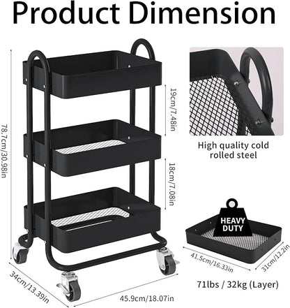 Metal Rolling Cart,3-Tier Metal Rolling Cart with Wheels,3 Tier Utility Cart with Wheels for Office,Home,Kitchen,Garden（13.4"x18.1"x31"） Black