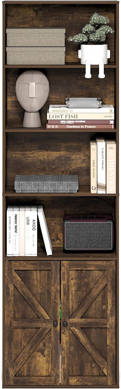 Furinno Jensen Book Shelf, 6-Tier Farmhouse Bookshelf, Display Bookcase with Doors, 9.2" x 21.6" x 71.2", for Organization and Storage, for Living Room, Bedroom, Home Office, Amber Pine