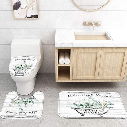 Nkzply 4 Pcs Farmhouse Shower Curtain Rustic Bathroom Sets with Shower Curtain and Rugs Floral Shower Curtain Set Green Leaves Bathroom Decor Vintage Bathroom Rugs Set Toilet Lid Cover Hooks