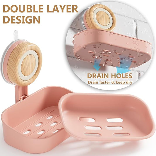 Double Layer Soap Dish for Shower 2 Pack, Wall Mounted Bar Soap Holder Suction Cup 2 Layer Self Draining Soap Case Sponge Holder for Shower Bathroom, Tub and Kitchen Sink, Pink