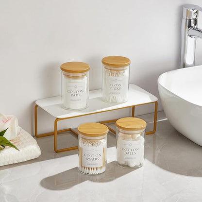 INIUNIK 3 Pack Qtip Holder Dispenser - Glass Apothecary Jars with Lids, Cotton Ball Pad Swab Round Holder, Bamboo Bathroom Accessories, Bathroom Organizers Containers Jars Canisters with Lids