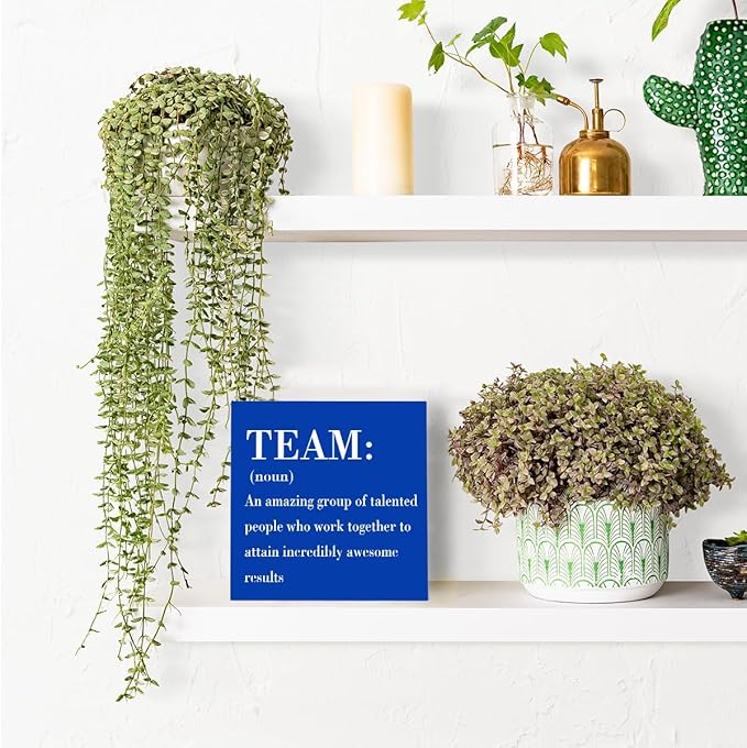 HTBIG Rustic Wooden Team Noun Office Decor Desk Sign, Blue