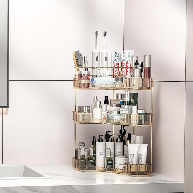 Corner Bathroom Counter Organizer with Top Toothbrush Holders, 3-Tier Make Up Organizers for Vanity with Brush Holder, Corner Storage for Bathroom, Kitchen, Dresser
