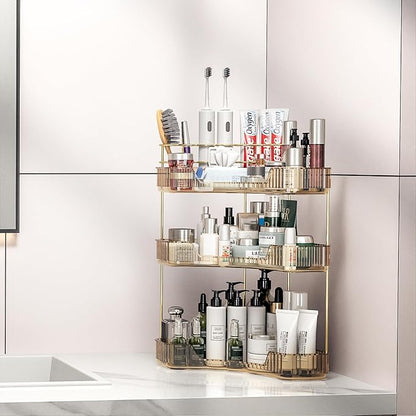 Corner Bathroom Counter Organizer with Top Toothbrush Holders, 3-Tier Make Up Organizers for Vanity with Brush Holder, Corner Storage for Bathroom, Kitchen, Dresser