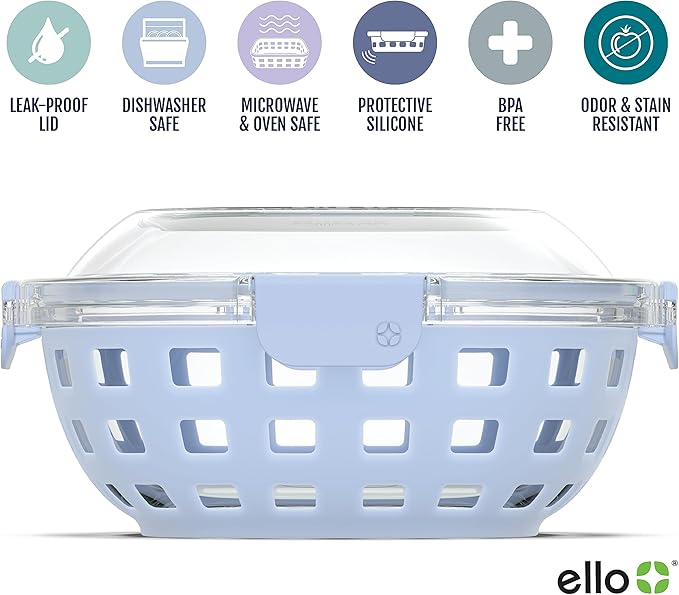 Ello DuraGlass Food Storage Glass Lunch Bowl Container - Meal Prep Container with Silicone Sleeve and Airtight Lid, 5 Cup, Blue