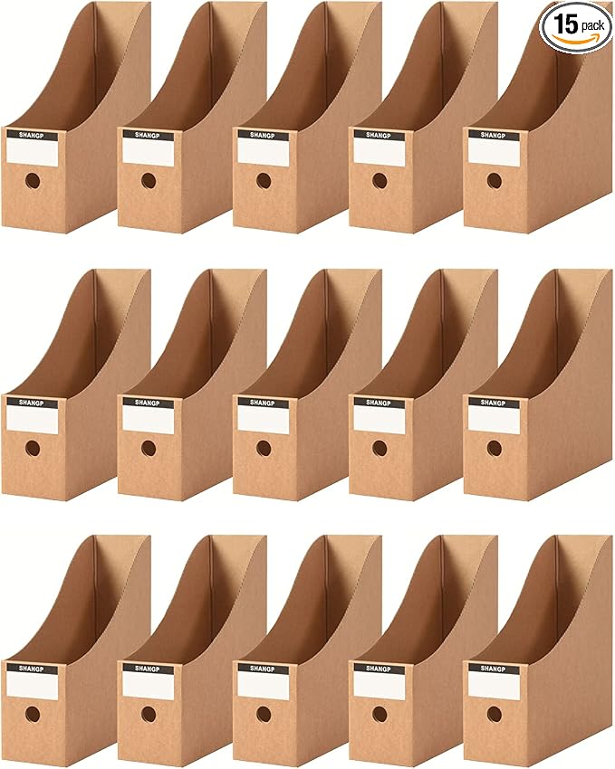 Foldable Desk File Holder Organizer Sturdy Cardboard Magazine Storage Box Document Rack with Blank Label Stickers for Home School Office (15, Brown)