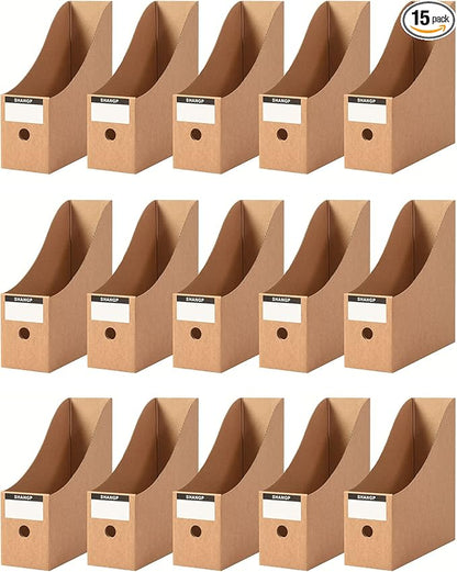 Foldable Desk File Holder Organizer Sturdy Cardboard Magazine Storage Box Document Rack with Blank Label Stickers for Home School Office (15, Brown)