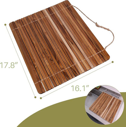 HTB Over Sink Dish Drying Rack 17.8'' x 16.1, Kitchen Teak Wood Roll Up for Dishes,Plates, Bowls, Wooden Cover Counter Space