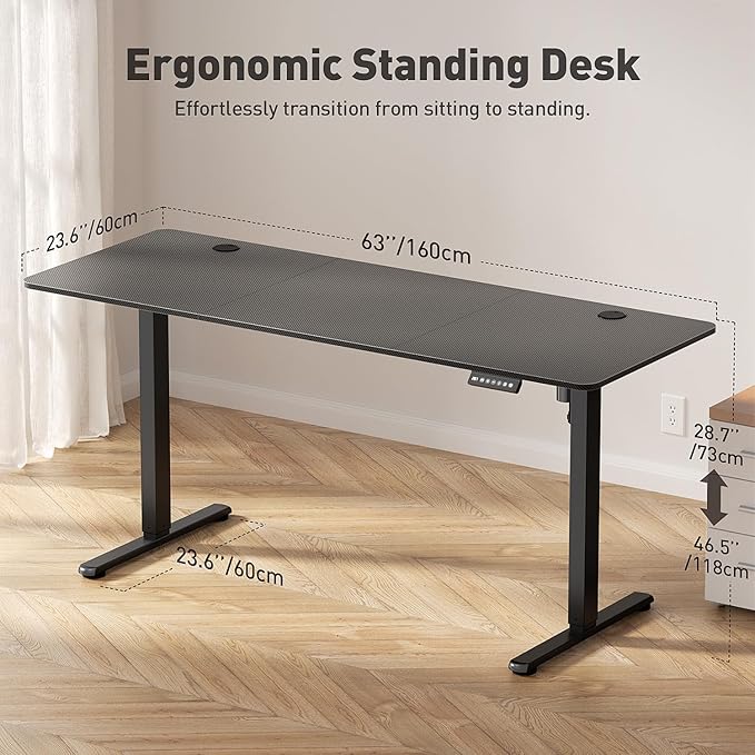 Electric Standing Desk Adjustable Height 63 x 24 Inch, Large Sit Stand Desk, Stand up Desk for Home Office, Computer Workstation (Spliced Desktop,Carbon Fiber Black)