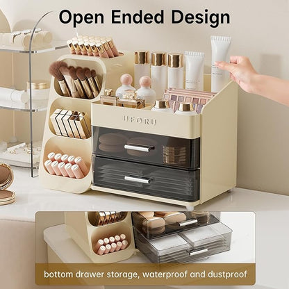 Makeup Organizer for Vanity with Brush Holder, Countertop Skincare Organizer with 2 Drawers, Spacious Cosmetic Display Case for Perfumes, Eyeshadow Palettes, Nail Polishes